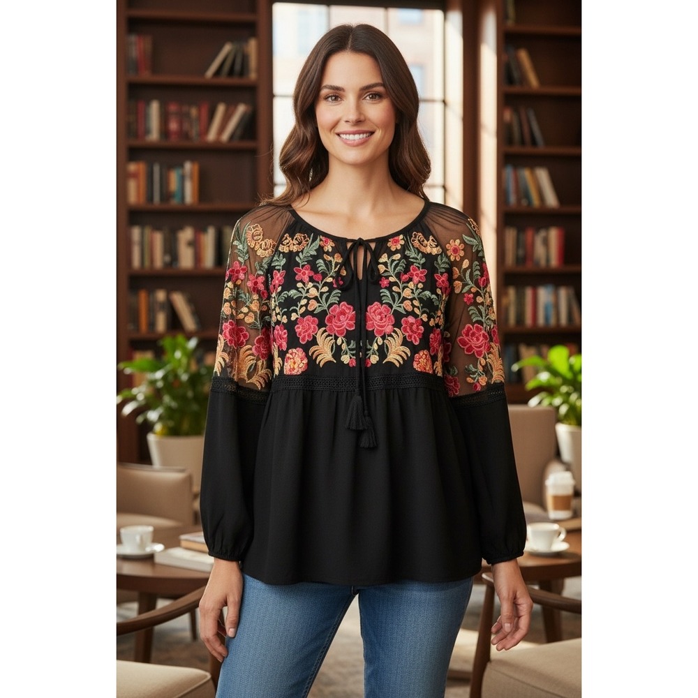 Suzanne Betro Top Womens Small Black Floral Embroidered Sheer BOHO Whimsygoth
